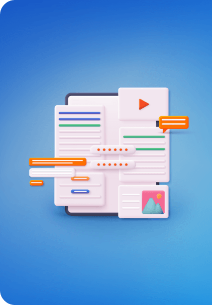 A blue background with an icon of a book and a video.