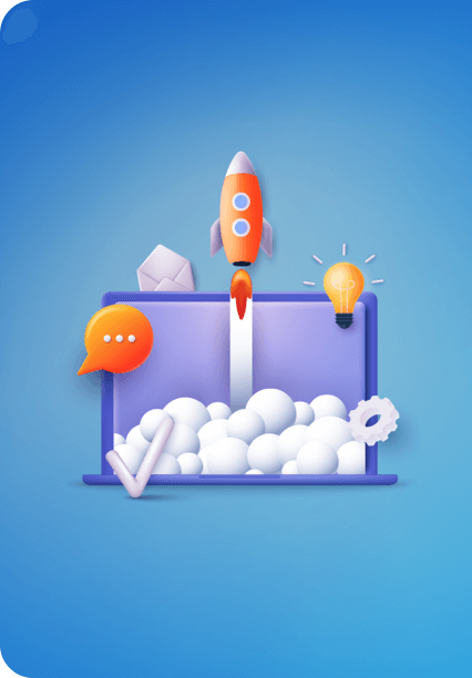 A computer screen with a rocket and bubbles.