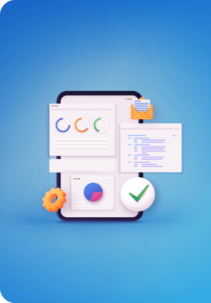 A blue background with an icon of a phone and graphs.